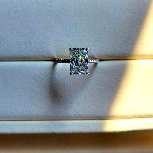 Solid 14k Gold 3ct (G VS1) Lab Radiant Diamond Ring with Side and Hidden Halo Lab Diamond