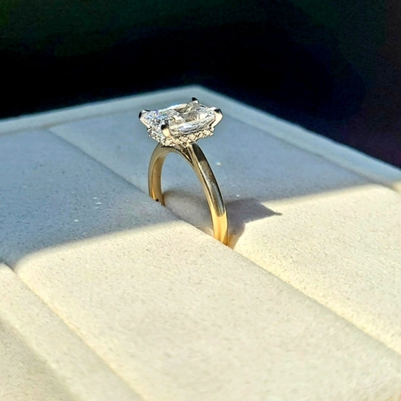 Solid 14k White and Yellow Gold 2ct (F VS1) Lab Radiant Diamond Ring with Hidden Halo Lab Diamond