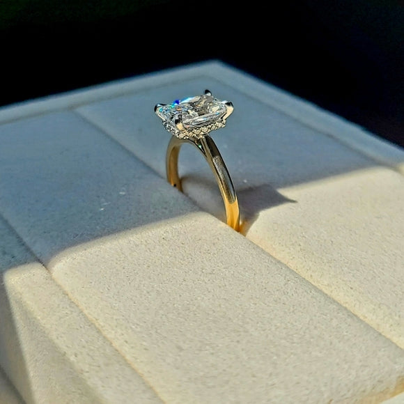 Solid 14k White and Yellow Gold 2ct (F VS1) Lab Radiant Diamond Ring with Hidden Halo Lab Diamond