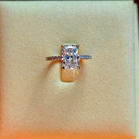 Solid 18k Gold 2.5ct (D VS1) Lab Radiant Diamond Ring with Side and Hidden Halo Lab Diamond