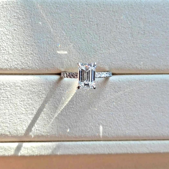 Platinum 2ct E VS2 Lab Emerald Cut Diamond Ring with Side and Hidden Halo Lab Diamond