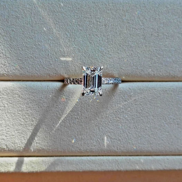 Platinum 2.11ct E VS2 Lab Emerald Cut Diamond Ring with Side and Hidden Halo Lab Diamond