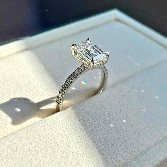 Platinum 2ct E VS2 Lab Emerald Cut Diamond Ring with Side and Hidden Halo Lab Diamond