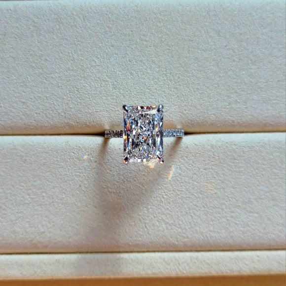 Solid 14k Gold 3.99ct E VVS2 Lab Radiant Diamond Ring with Side and Hidden Halo Lab Diamond