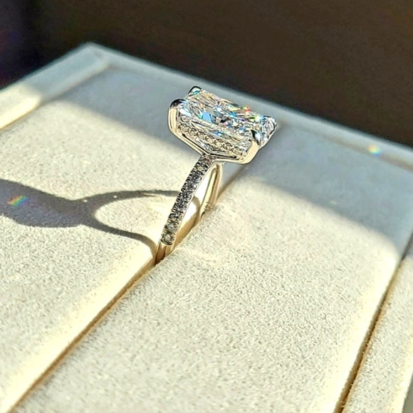 Solid 14k Gold 3.99ct E VVS2 Lab Radiant Diamond Ring with Side and Hidden Halo Lab Diamond