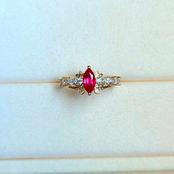 Solid 10k Gold 4*6mm Lab Ruby Marquise Ring with Side Moissanite