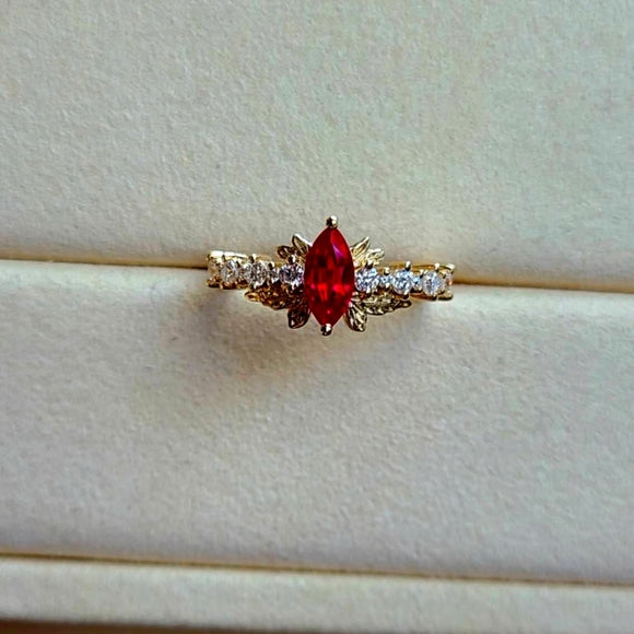 Solid 10k Gold 4*6mm Lab Ruby Marquise Ring with Side Moissanite