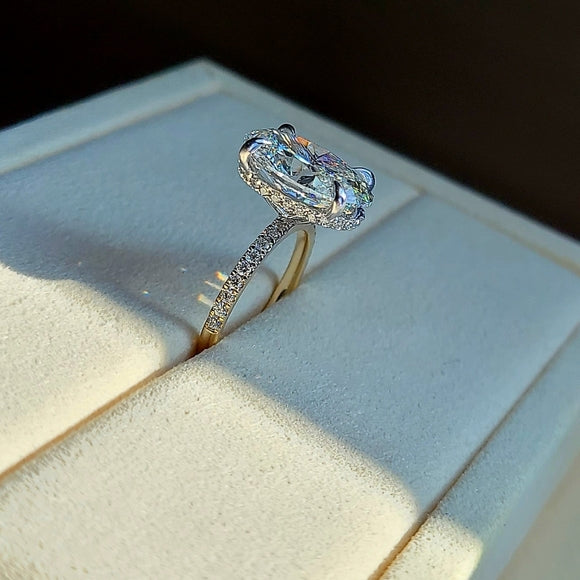 Solid 14k White and Yellow Gold 4.7ct G VS1 Lab Oval Diamond Ring with Side and Hidden Halo Lab Diamond