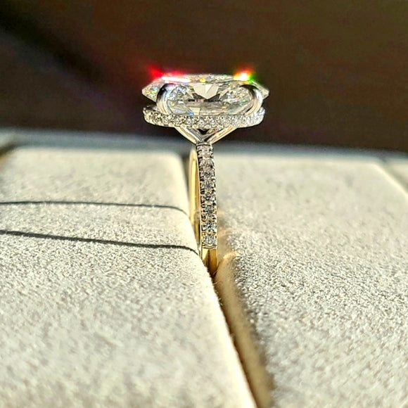 Solid 14k White and Yellow Gold 4.7ct G VS1 Lab Oval Diamond Ring with Side and Hidden Halo Lab Diamond