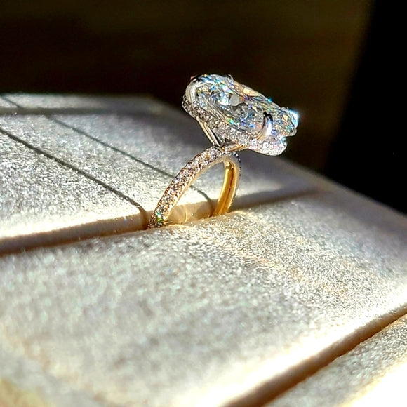 Solid 14k White and Yellow Gold 4.7ct G VS1 Lab Oval Diamond Ring with Side and Hidden Halo Lab Diamond