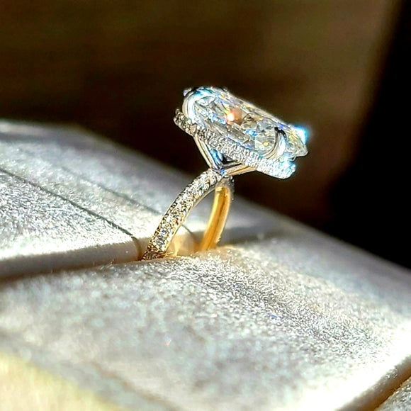 Solid 14k White and Yellow Gold 4.7ct G VS1 Lab Oval Diamond Ring with Side and Hidden Halo Lab Diamond