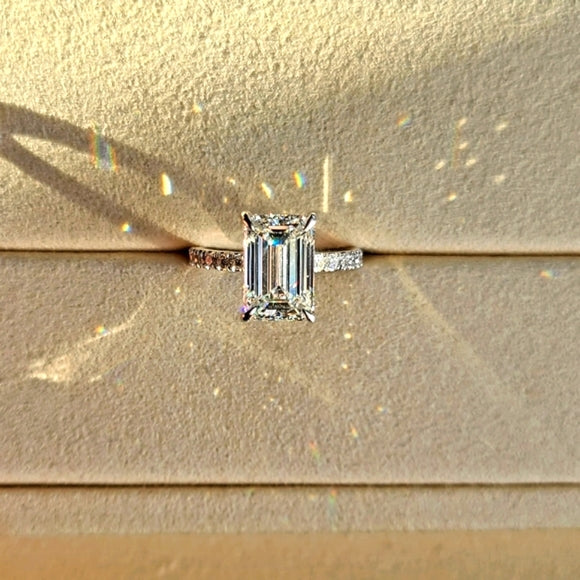 Solid 14k Gold 3.5ct G VS2 Lab Emerald Cut Diamond Ring with Side and Hidden Halo Lab Diamond