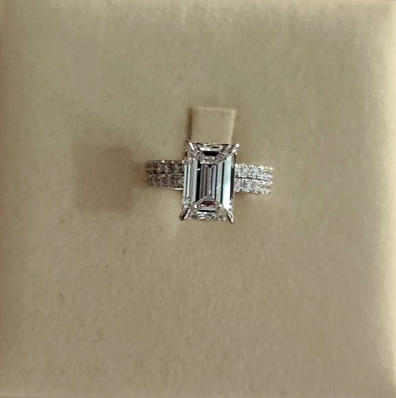 Solid 14k Gold 3.5ct G VS2 Lab Emerald Cut Diamond Ring and Matching Lab Diamond Eternity Band