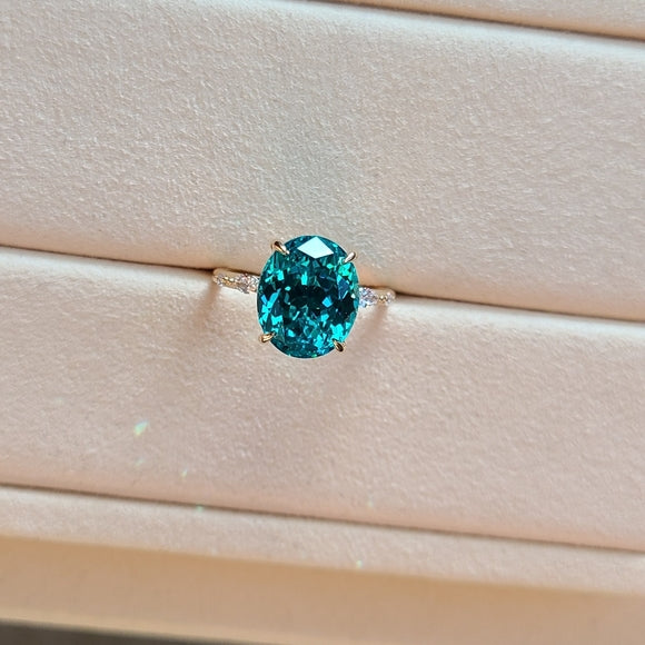 Solid 14k Gold 8.5ct Lab Oval Paraiba Tourmaline Ring with Side Lab Diamonds