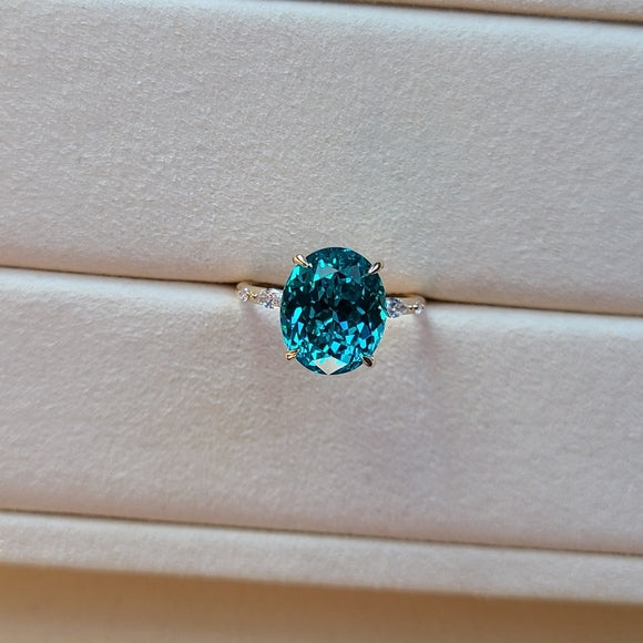 Solid 14k Gold 8.5ct Lab Oval Paraiba Tourmaline Ring with Side Lab Diamonds