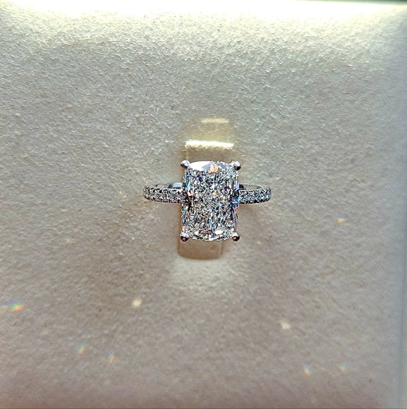 Platinum 3.1ct (F VS1) Lab Cushion Diamond Ring with Side,Prong and Hidden Halo Lab Diamond