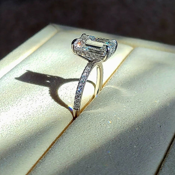 Solid 14k Gold 4.3ct F VS1 Lab Emerald Cut Diamond Ring with Side and Hidden Halo Lab Diamond