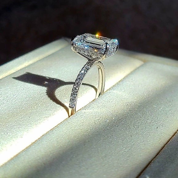 Solid 14k Gold 4.3ct F VS1 Lab Emerald Cut Diamond Ring with Side and Hidden Halo Lab Diamond
