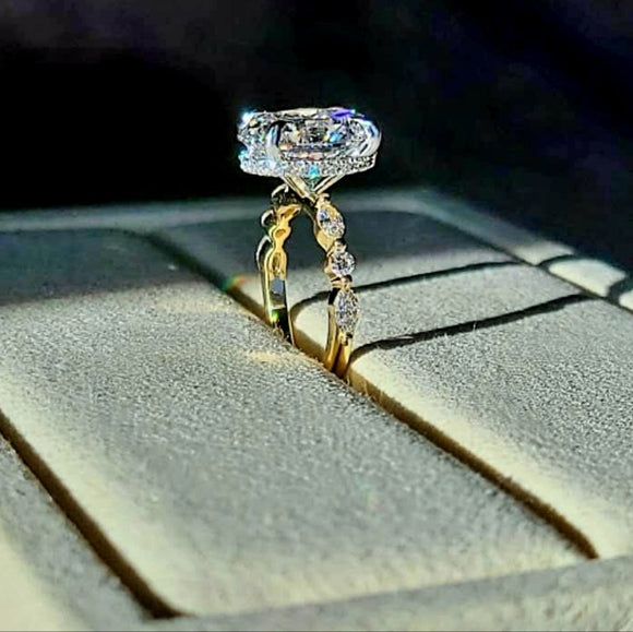 Solid 18k White and Yellow Gold 3ct F VS1 Lab Oval Diamond Ring with Side and Hidden Halo Lab Diamond