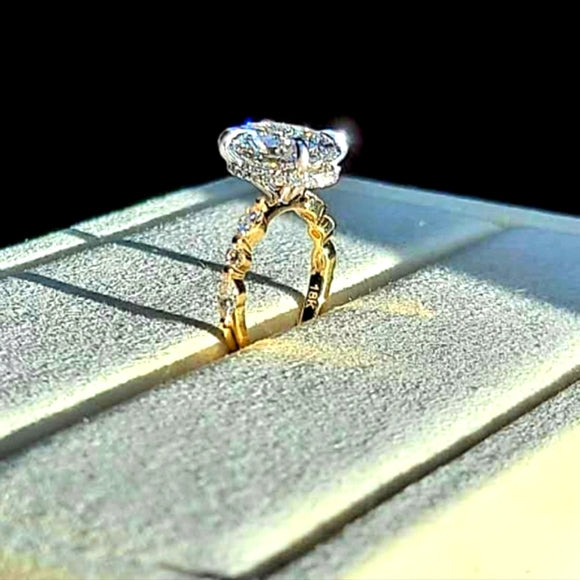 Solid 18k White and Yellow Gold 3ct F VS1 Lab Oval Diamond Ring with Side and Hidden Halo Lab Diamond