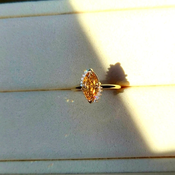 Solid 18k Gold 1.5ct Champagne Marquise Moissanite Ring with Side Lab Diamond