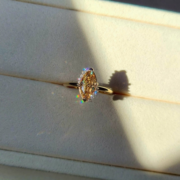 Solid 18k Gold 1.5ct Champagne Marquise Moissanite Ring with Side Lab Diamond