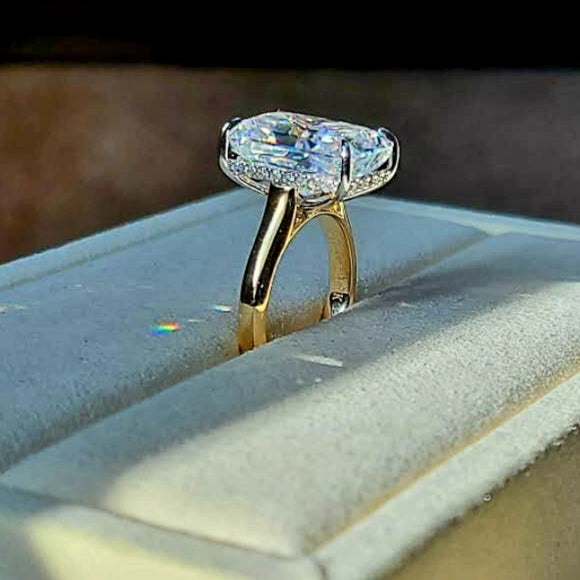 Solid 18k White and Yellow Gold 10ct Radiant Moissanite Ring with Hidden Halo Diamond