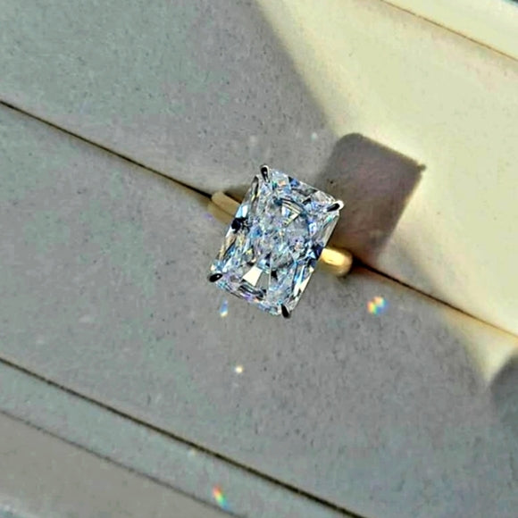 Solid 18k White and Yellow Gold 10ct Radiant Moissanite Ring with Hidden Halo Diamond