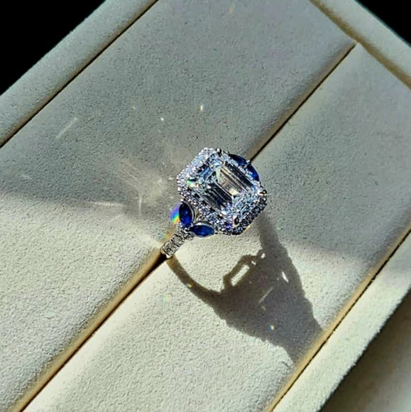 Solid 14k Gold 3ct F VS1 Lab Emerald Cut Diamond Ring with Side Lab Diamond and Natural Blue Sapphire(EM807)