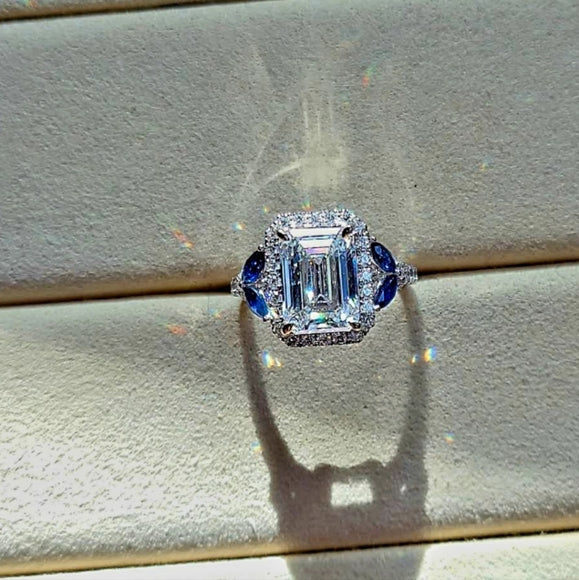 Solid 14k Gold 3ct F VS1 Lab Emerald Cut Diamond Ring with Side Lab Diamond and Natural Blue Sapphire(EM807)