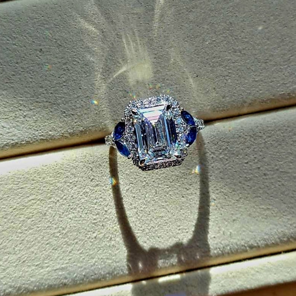 Solid 14k Gold 3ct F VS1 Lab Emerald Cut Diamond Ring with Side Lab Diamond and Natural Blue Sapphire(EM807)