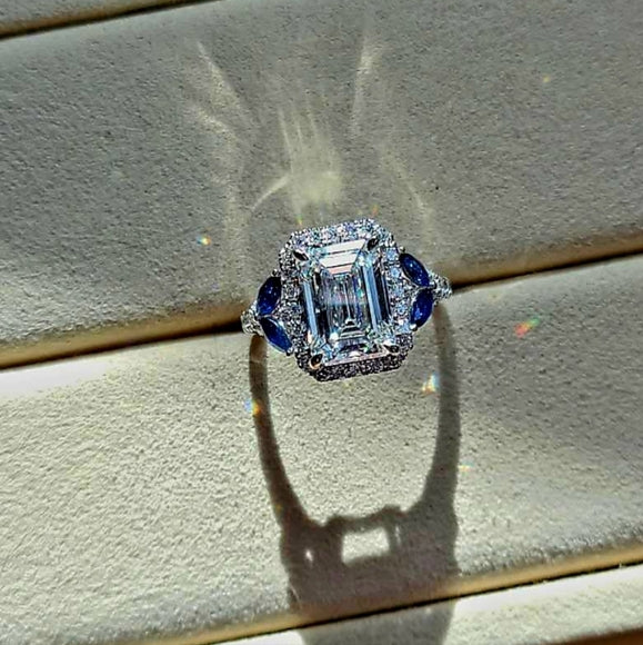 Solid 14k Gold 3ct F VS1 Lab Emerald Cut Diamond Ring with Side Lab Diamond and Natural Blue Sapphire(EM807)