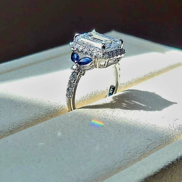 Solid 14k Gold 3ct F VS1 Lab Emerald Cut Diamond Ring with Side Lab Diamond and Natural Blue Sapphire(EM807)