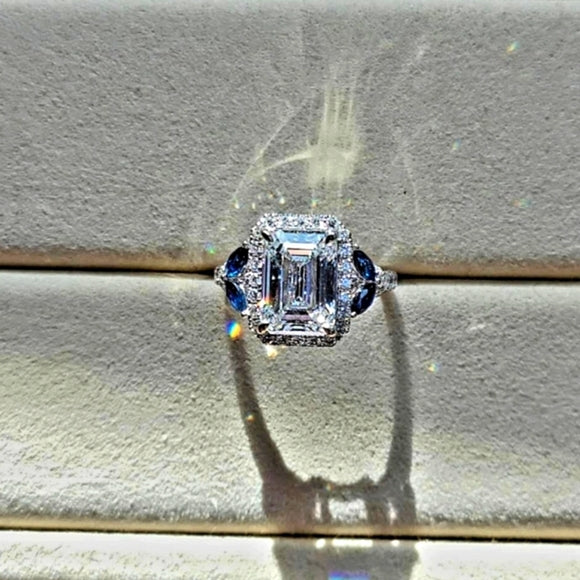 Solid 14k Gold 3ct F VS1 Lab Emerald Cut Diamond Ring with Side Lab Diamond and Natural Blue Sapphire(EM807)