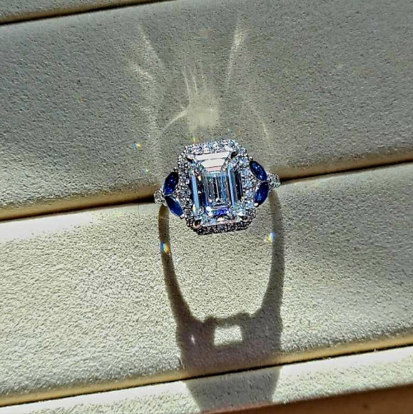 Solid 14k Gold 3ct F VS1 Lab Emerald Cut Diamond Ring with Side Lab Diamond and Natural Blue Sapphire(EM807)