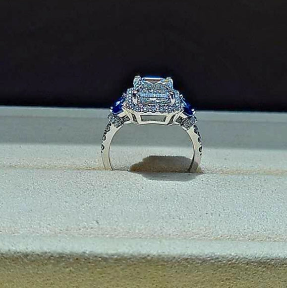 Solid 14k Gold 3ct F VS1 Lab Emerald Cut Diamond Ring with Side Lab Diamond and Natural Blue Sapphire(EM807)