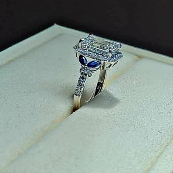 Solid 14k Gold 3ct F VS1 Lab Emerald Cut Diamond Ring with Side Lab Diamond and Natural Blue Sapphire(EM807)