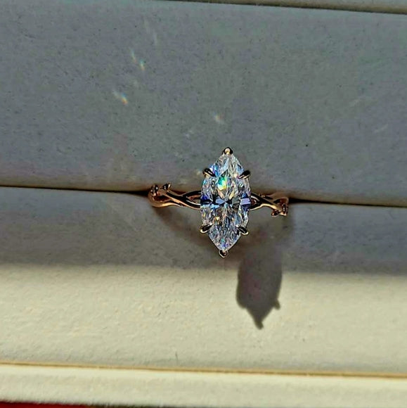 Solid 14k Gold 3ct Marquise Moissanite Ring with Side Moissanite