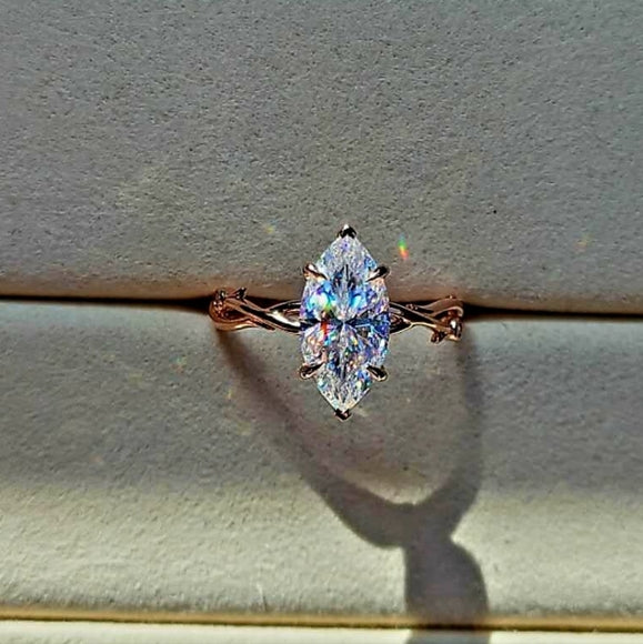 Solid 14k Gold 3ct Marquise Moissanite Ring with Side Moissanite