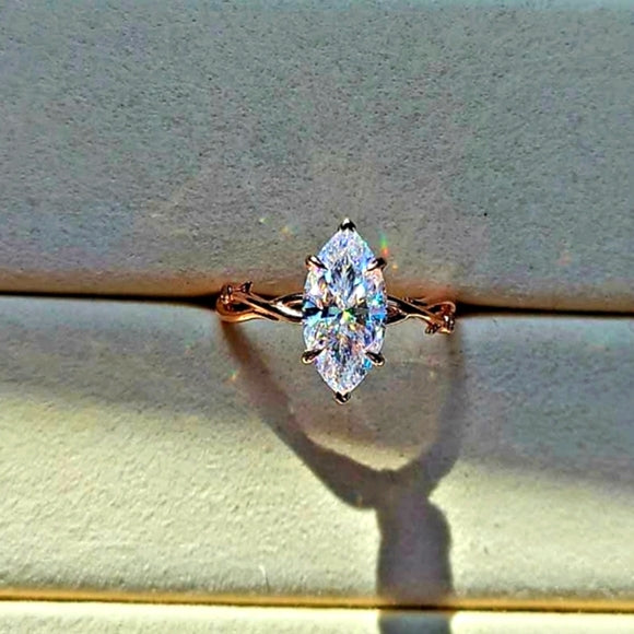 Solid 14k Gold 3ct Marquise Moissanite Ring with Side Moissanite