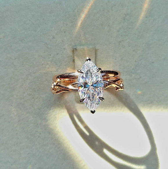 Solid 14k Gold 3ct Marquise Moissanite Ring and Matching Band