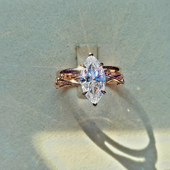 Solid 14k Gold 3ct Marquise Moissanite Ring and Matching Band