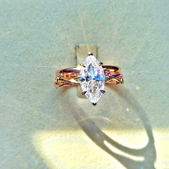 Solid 14k Gold 3ct Marquise Moissanite Ring and Matching Band