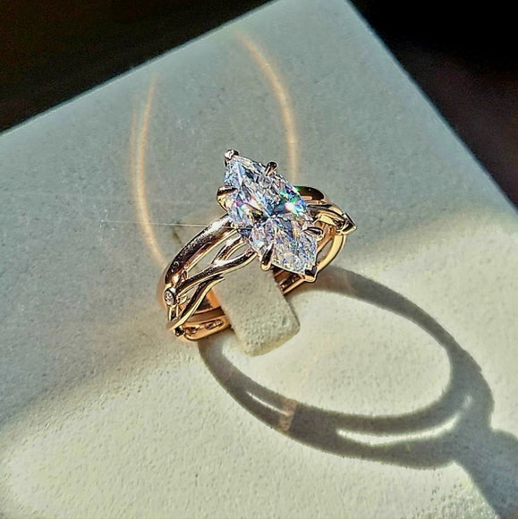 Solid 14k Gold 3ct Marquise Moissanite Ring and Matching Band