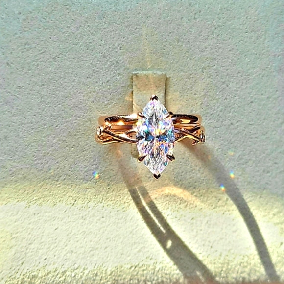 Solid 14k Gold 3ct Marquise Moissanite Ring and Matching Band