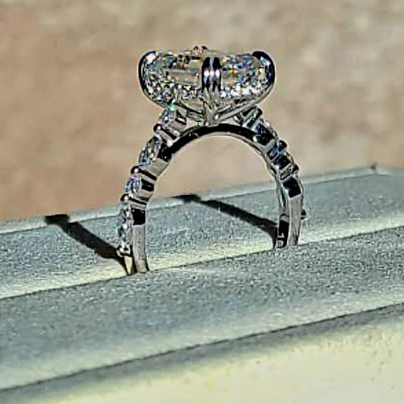 Solid 18k Gold 4.5ct Emerald Cut Moissanite Ring with Side and Hidden Halo Moissanite