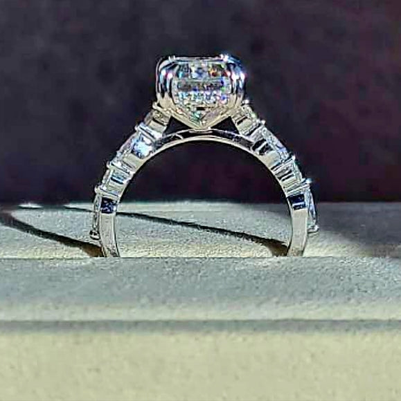 Solid 18k Gold 4.5ct Emerald Cut Moissanite Ring with Side and Hidden Halo Moissanite