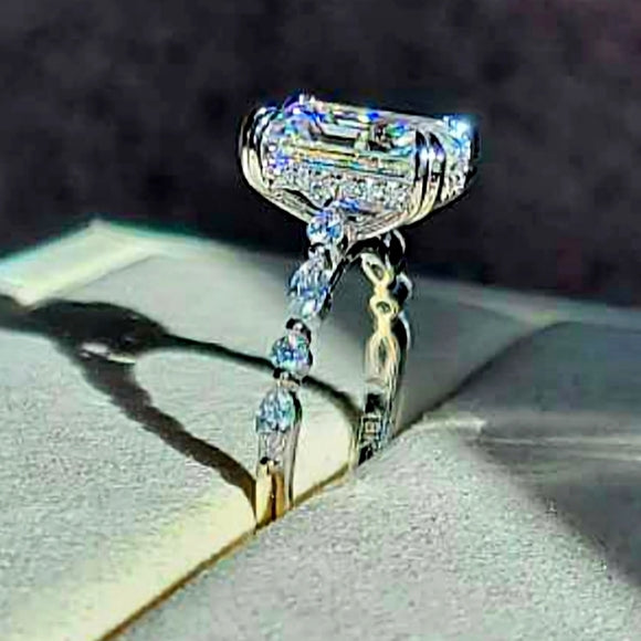 Solid 18k Gold 4.5ct Emerald Cut Moissanite Ring with Side and Hidden Halo Moissanite