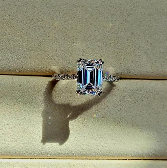 Solid 18k Gold 4.5ct Emerald Cut Moissanite Ring with Side and Hidden Halo Moissanite