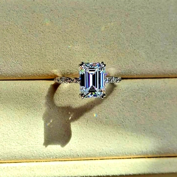 Solid 18k Gold 4.5ct Emerald Cut Moissanite Ring with Side and Hidden Halo Moissanite